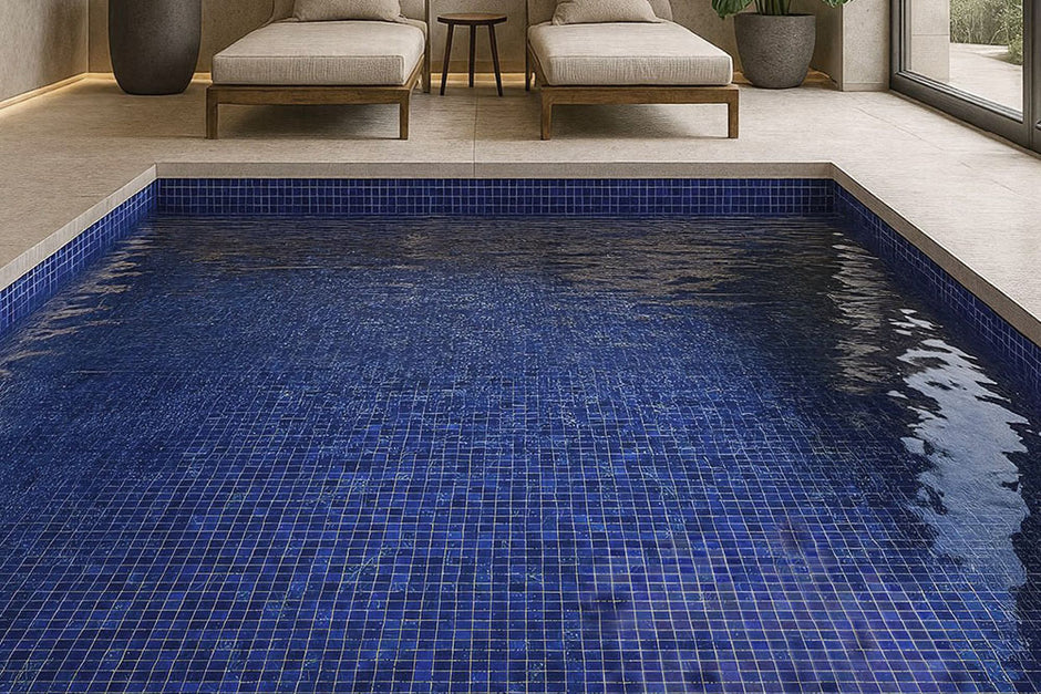 Shimmer Ocean Pool Glass Mosaic in a room setting