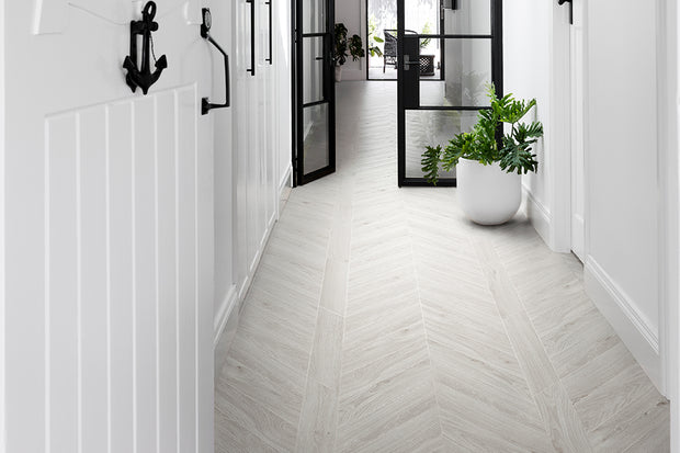 Oltre White Timber Look Porcelain Tiles in a room setting