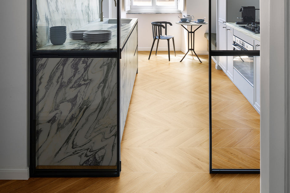 Oltre Sand Timber Look Porcelain Tiles in a room setting