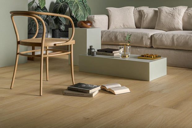 Oltre Sand Timber Look Porcelain Tiles in a room setting