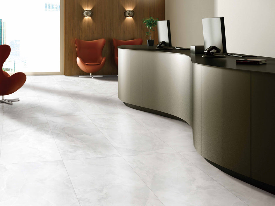 Onyx Ice Porcelain Tiles in a room setting