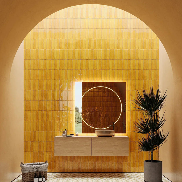 Otway Mustard Gloss Porcelain Tiles in a room setting