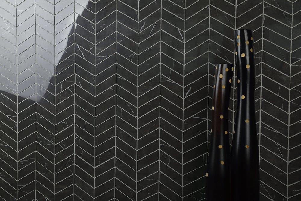 Euromarmo Pietra Grey Wave Porcelain Mosaic in a room setting