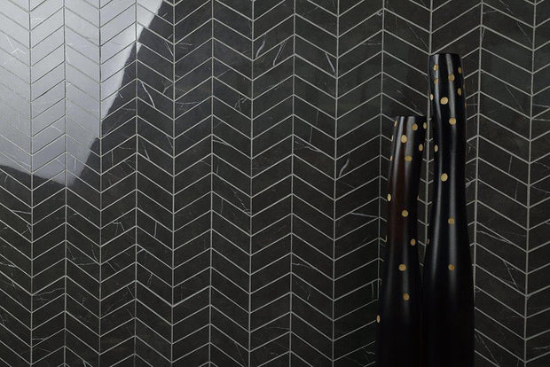Euromarmo Pietra Grey Wave Porcelain Mosaic in a room setting