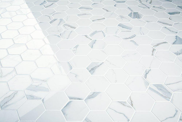 Euromarmo Statuario Venato Hexagon Porcelain Mosaic in a room setting