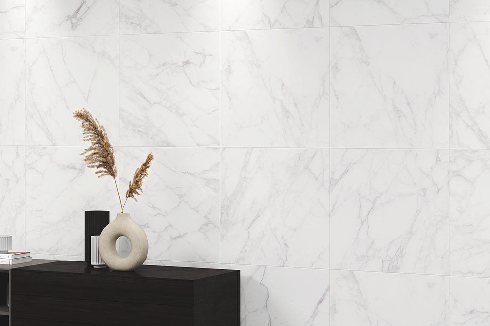 Florence Palladio Marble Look Porcelain Tiles in a room setting