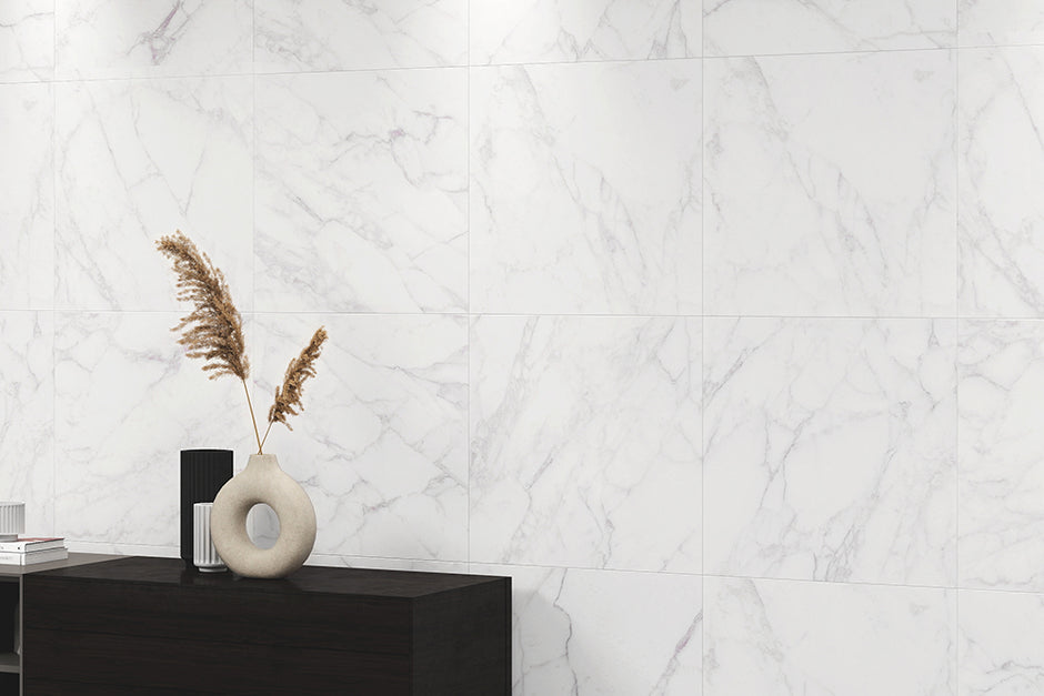 Florence Palladio Marble Look Porcelain Tiles in a room setting