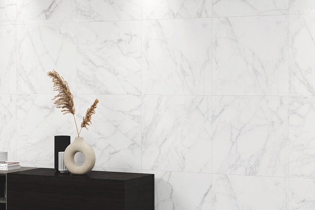Florence Palladio Marble Look Porcelain Tiles in a room setting