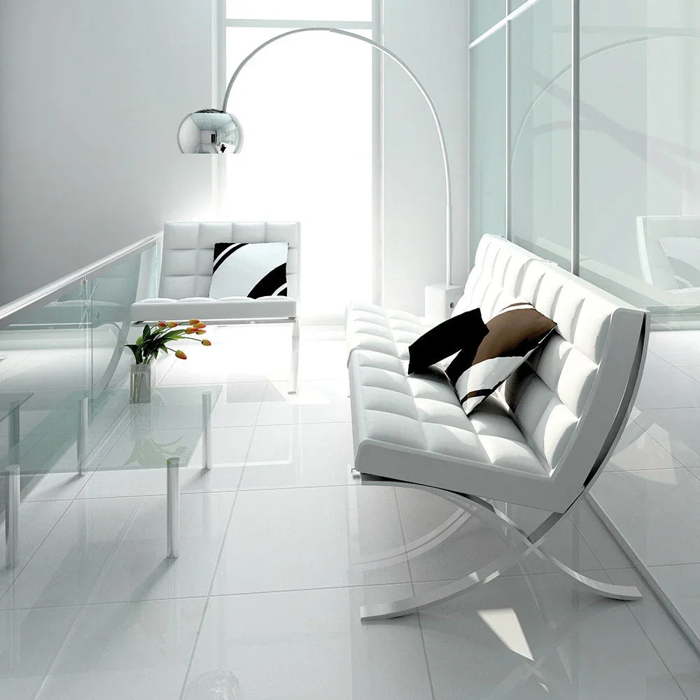 Pearl White Matt Porcelain Tiles in a room setting