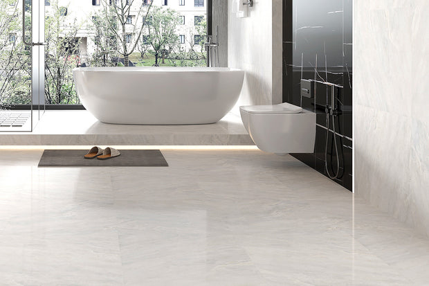 Euromarmo Pearl White Marble Look Porcelain Tiles in a room setting