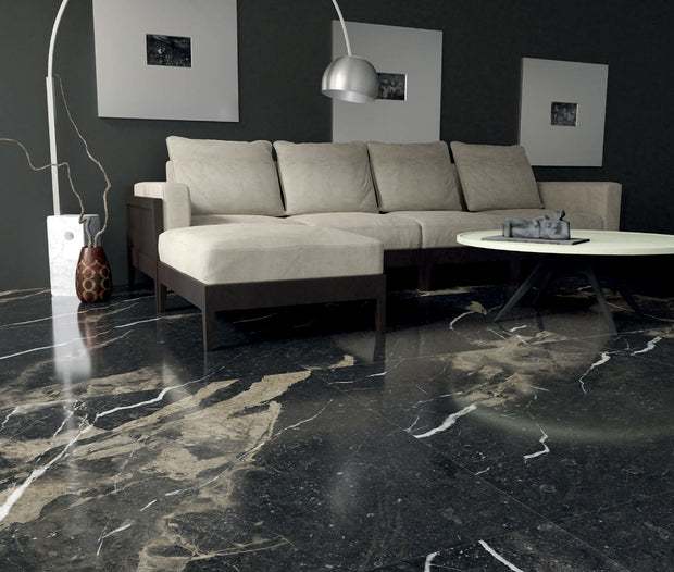 Superb Marble Pierre Black Porcelain Tiles in a room setting