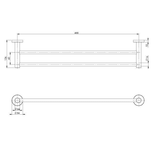 Radii Double Towel Rail 600mm Round Plate