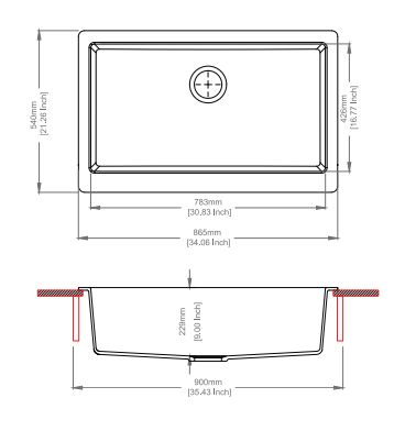 Navona Retro A100 Single Bowl Farmhouse Granite Sink 865 x 540 x 229mm technical drawing