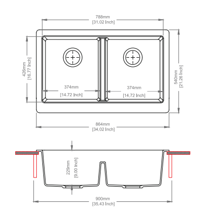 Navona Retro 5050 Double Bowl Farmhouse Granite Sink 864 x 540 x 229mm technical drawing