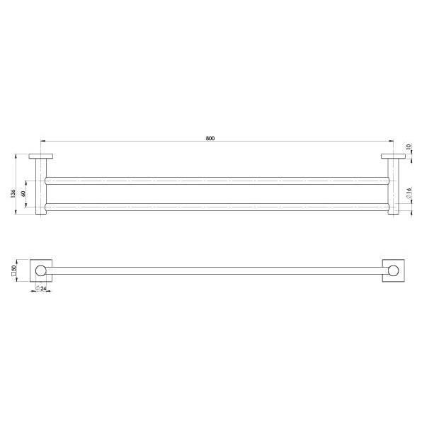 Radii Double Towel Rail 800mm Square Plate