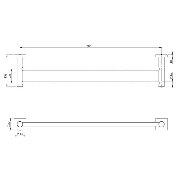 Radii Double Towel Rail 600mm Square Plate