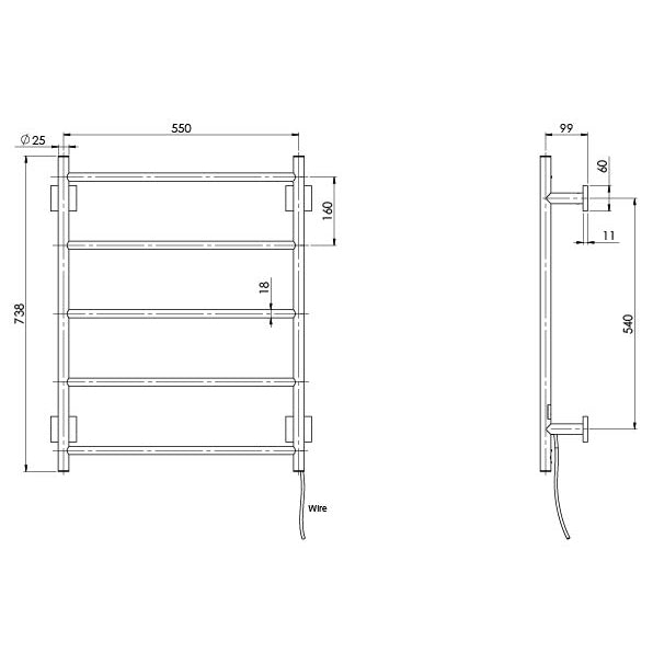 Radii Heated Towel Ladder 550 x 740mm Sqaure Plate