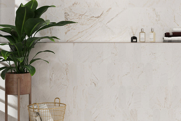Feather Raw Silk Natural Stone Mosaic in a room setting