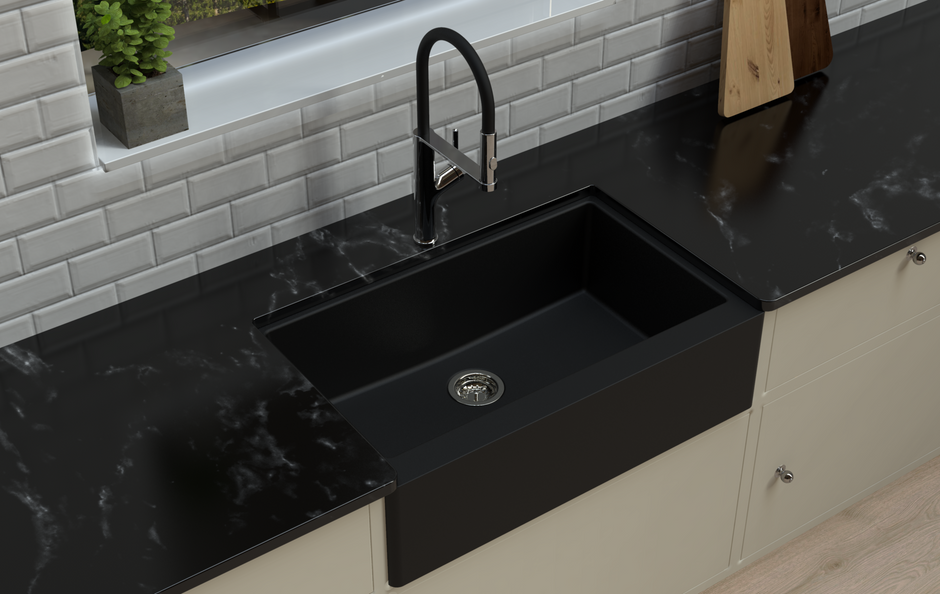Navona Retro 5050 Double Bowl Farmhouse Granite Sink 864 x 540 x 229mm Deep Black