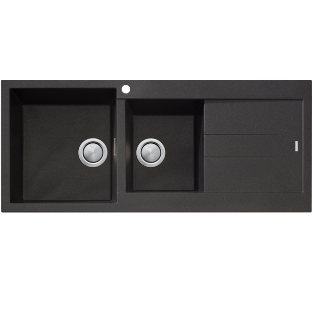 Santorini 1 and 3/4 Bowl Topmount Sink With Drainer Left Hand Bowl in Black