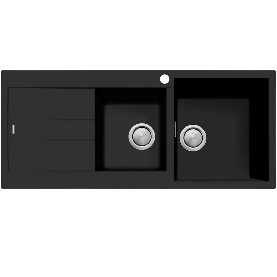 Santorini 1 and 3/4 Bowl Topmount Sink With Drainer Right Hand Bowl in Matte Black