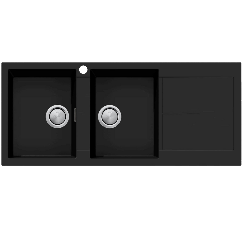 Santorini Double Bowl Topmount Sink With Drainer Left Hand Bowl in Matte Black