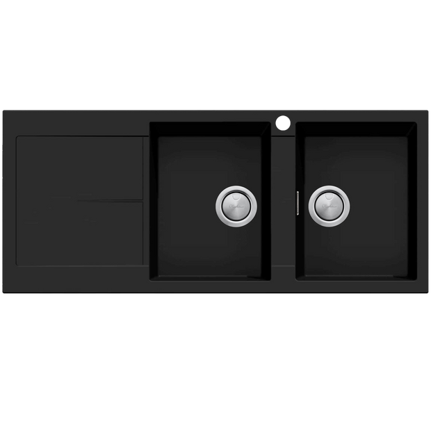 Santorini Double Bowl Topmount Sink With Drainer Right Hand Bowl in Matte Black