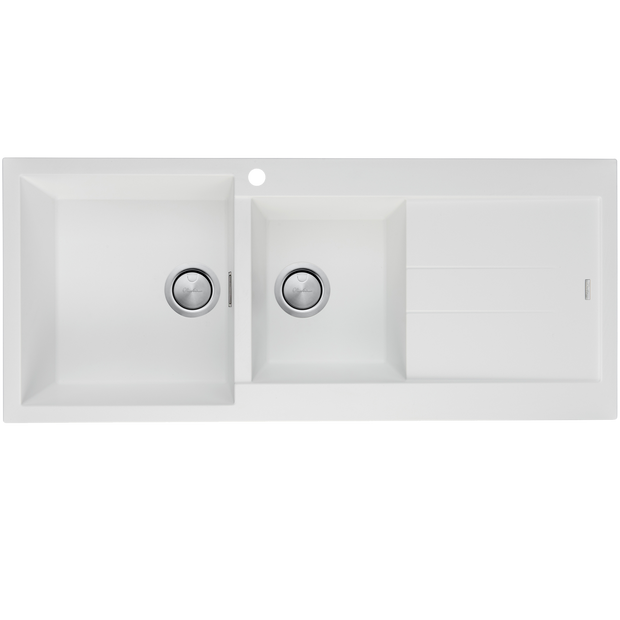 Santorini 1 and 3/4 Bowl Topmount Sink With Drainer Left Hand Bowl in White