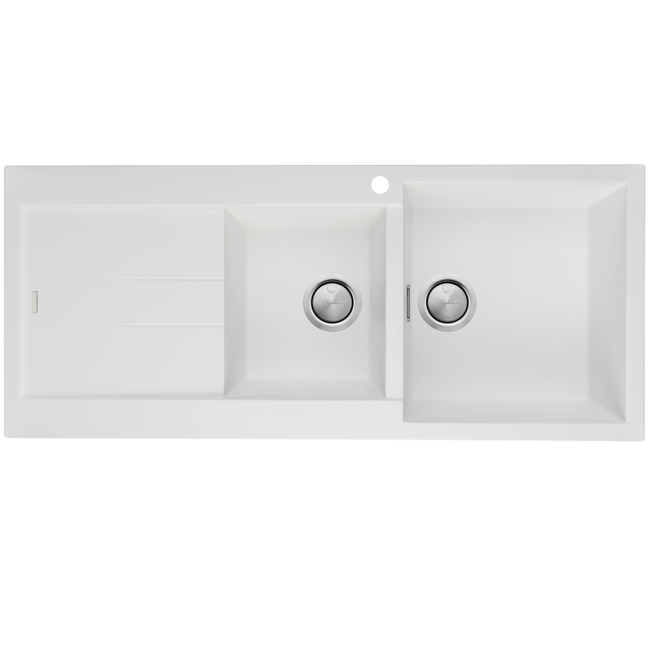 Santorini 1 and 3/4 Bowl Topmount Sink With Drainer Right Hand Bowl in White