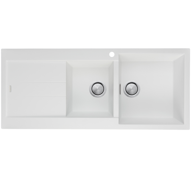 Santorini 1 and 3/4 Bowl Topmount Sink With Drainer Right Hand Bowl in White
