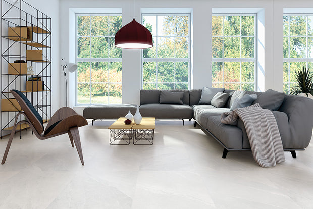 Saint Macoux White Limestone Look Porcelain Tiles in a room setting