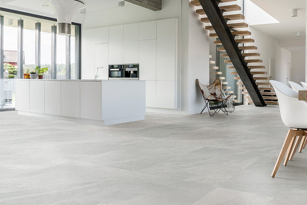Saint Macoux Grey Limestone Look Porcelain Tiles in a room setting