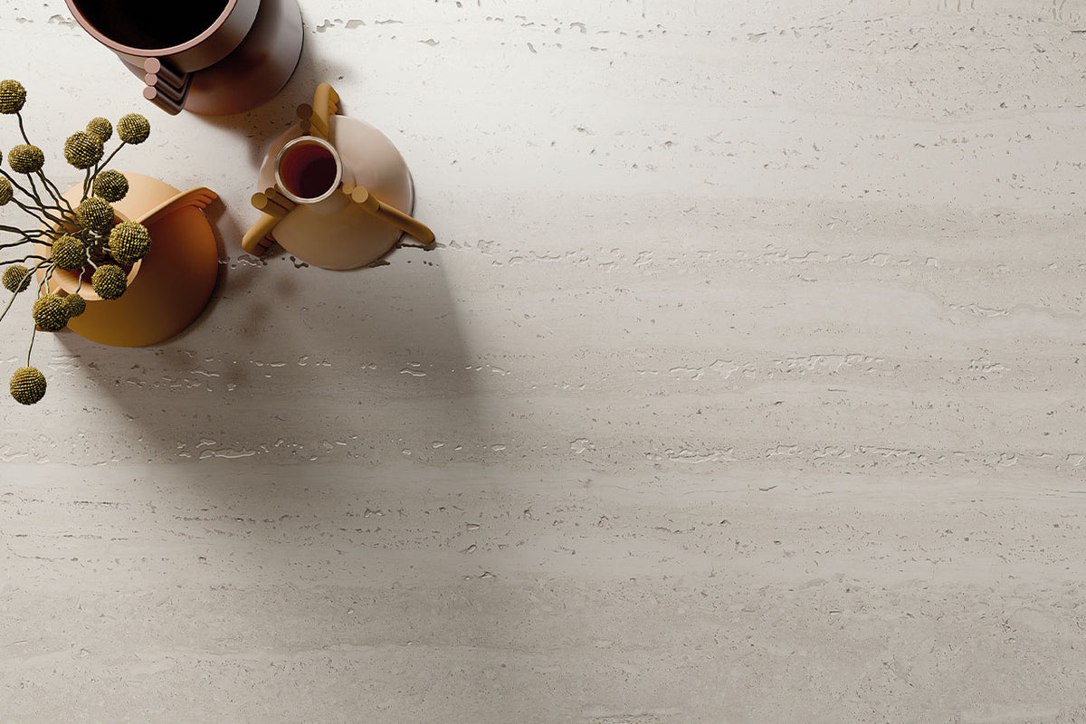 Sensi Roma White Travertine Look Porcelain Tiles in a room setting