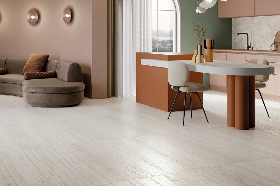 Sensi Roma White Travertine Look Porcelain Tiles in a room setting
