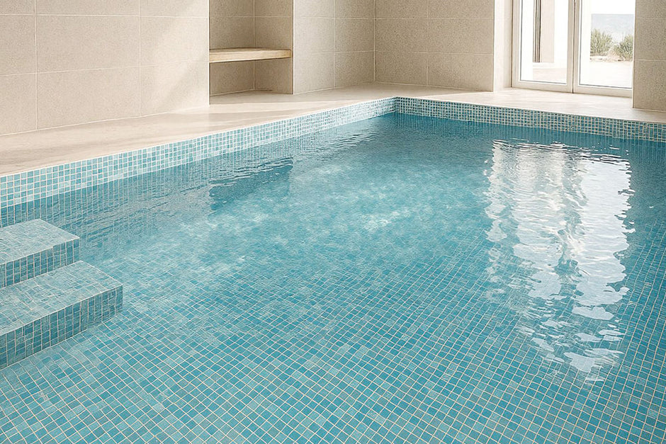 Shimmer Sky Pool Glass Mosaic in a room setting