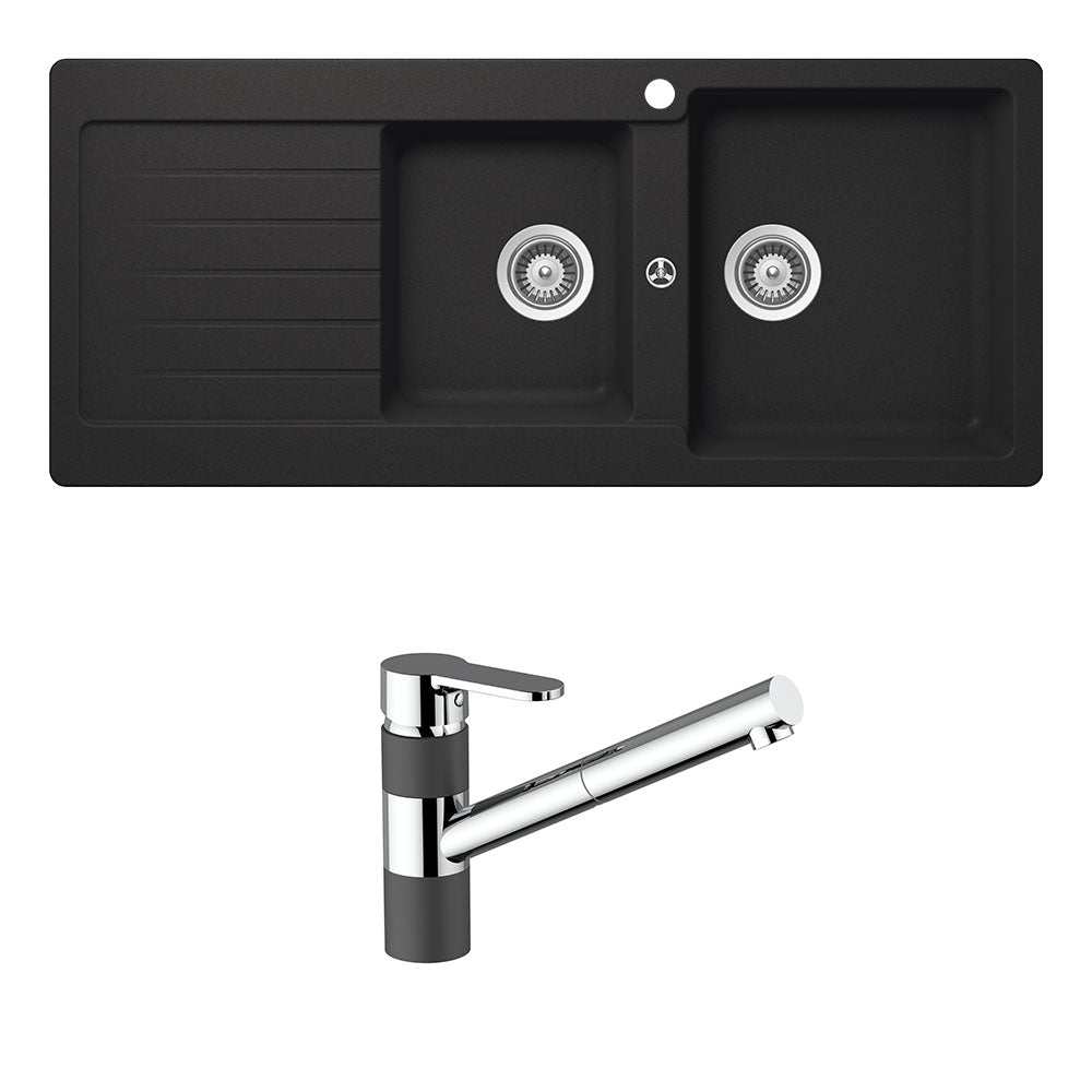 Schock Typos 1 and 3/4 Bowl with Right Hand Drainer 1TH and 400710B Kitchen Mixer Onyx