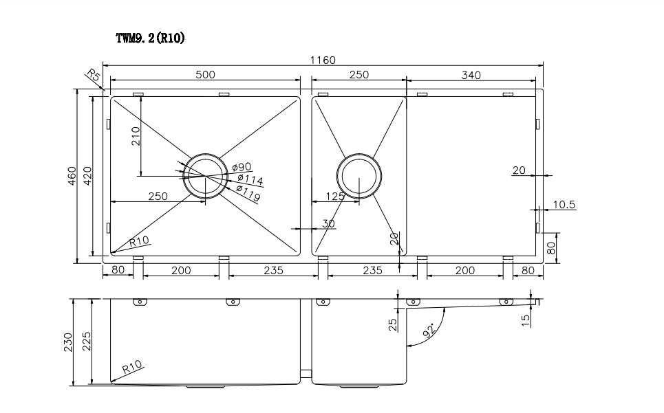 Navona TWM9.2 Handmade One and a Half Bowl Sink with Drainer 1160 x 460 x 230mm technical drawing