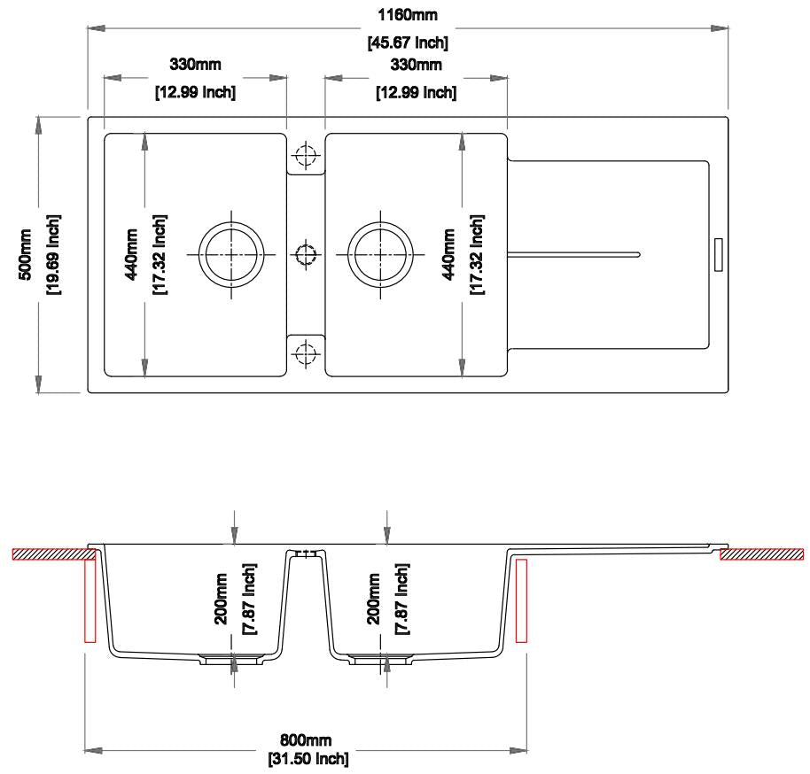 Navona Enigma D200 Double Bowl Granite Sink with Drainer 1160 x 500 x 200mm technical drawing