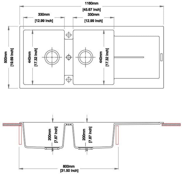 Navona Enigma D200 Double Bowl Granite Sink with Drainer 1160 x 500 x 200mm technical drawing