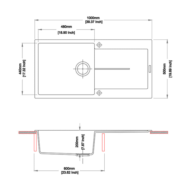 Navona Enigma D100L Single Bowl Granite Sink with Drainer 1000 x 500 x 200mm technical drawing