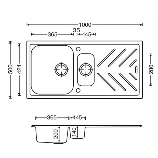 Navona New Beethoven D150 One and a Half Bowl Granite Sink with Drainer 1000 x 500 x 200mm technical drawing