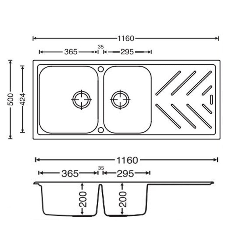 Navona New Beethoven D200 Double Bowl Granite Sink with Drainer 1160 x 500 x 200mm technical drawing