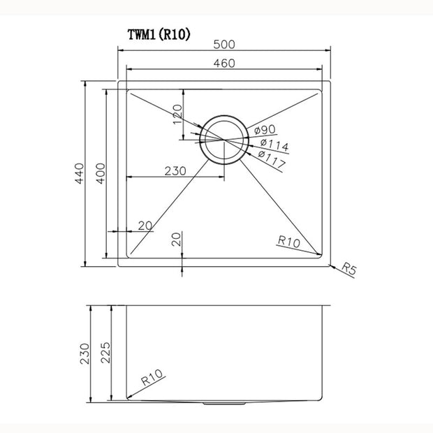 Navona TWM1 Handmade Single Bowl Sink 500 x 440 x 230mm technical drawing