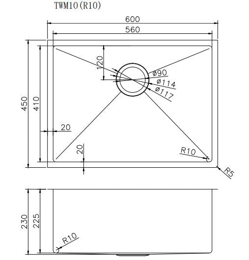 Navona TWM10 Handmade Single Bowl Sink 600 x 450 x 230mm technical drawing