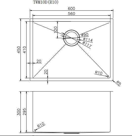 Navona TWM10D Handmade Single Bowl Sink 600 x 450 x 300mm technical drawing