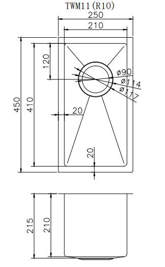 Navona TWM11 Handmade Single Bowl Sink 250 x 450 x 215mm technical drawing