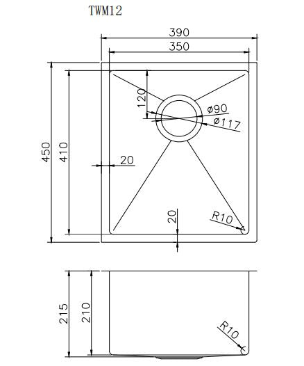Navona TWM12 Handmade Single Bowl Sink 390 x 450 x 215mm technical drawing