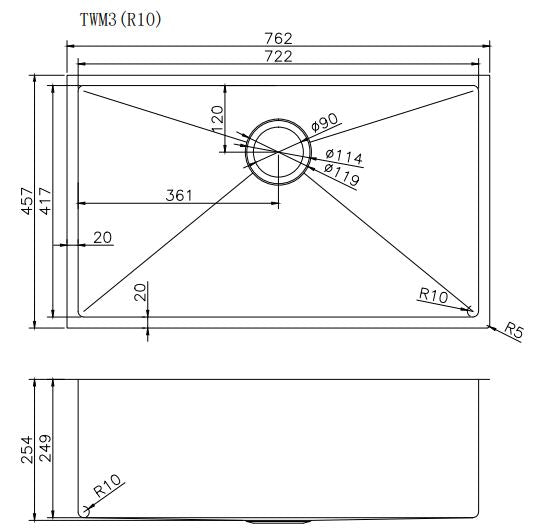 Navona TWM3 Handmade Single Bowl Sink 762 x 457 x 254mm technical drawing