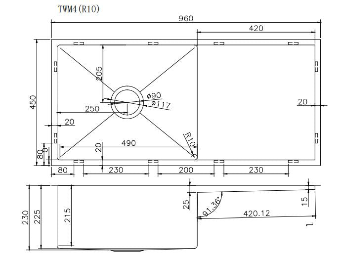Navona TWM4 Handmade Single Bowl Sink with Drainer 960 x 450 x 230mm technical drawing