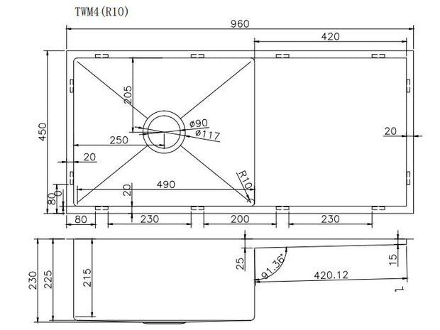 Navona TWM4 Handmade Single Bowl Sink with Drainer 960 x 450 x 230mm technical drawing